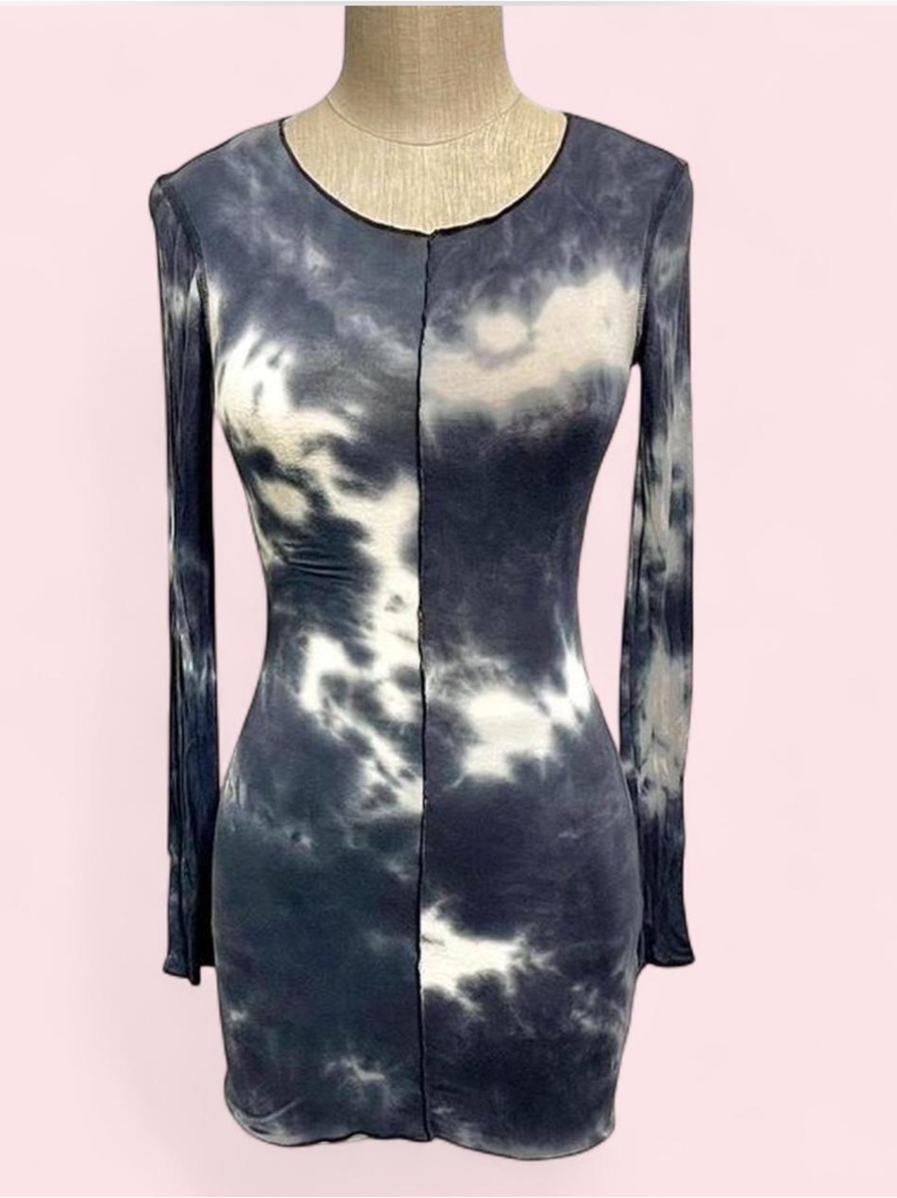 Tie-Dye Long Sleeve Mini Dress - Navy & White